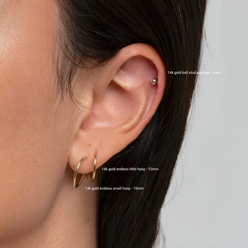 14K Solid Gold Endless Little Hoop Earrings 12mm