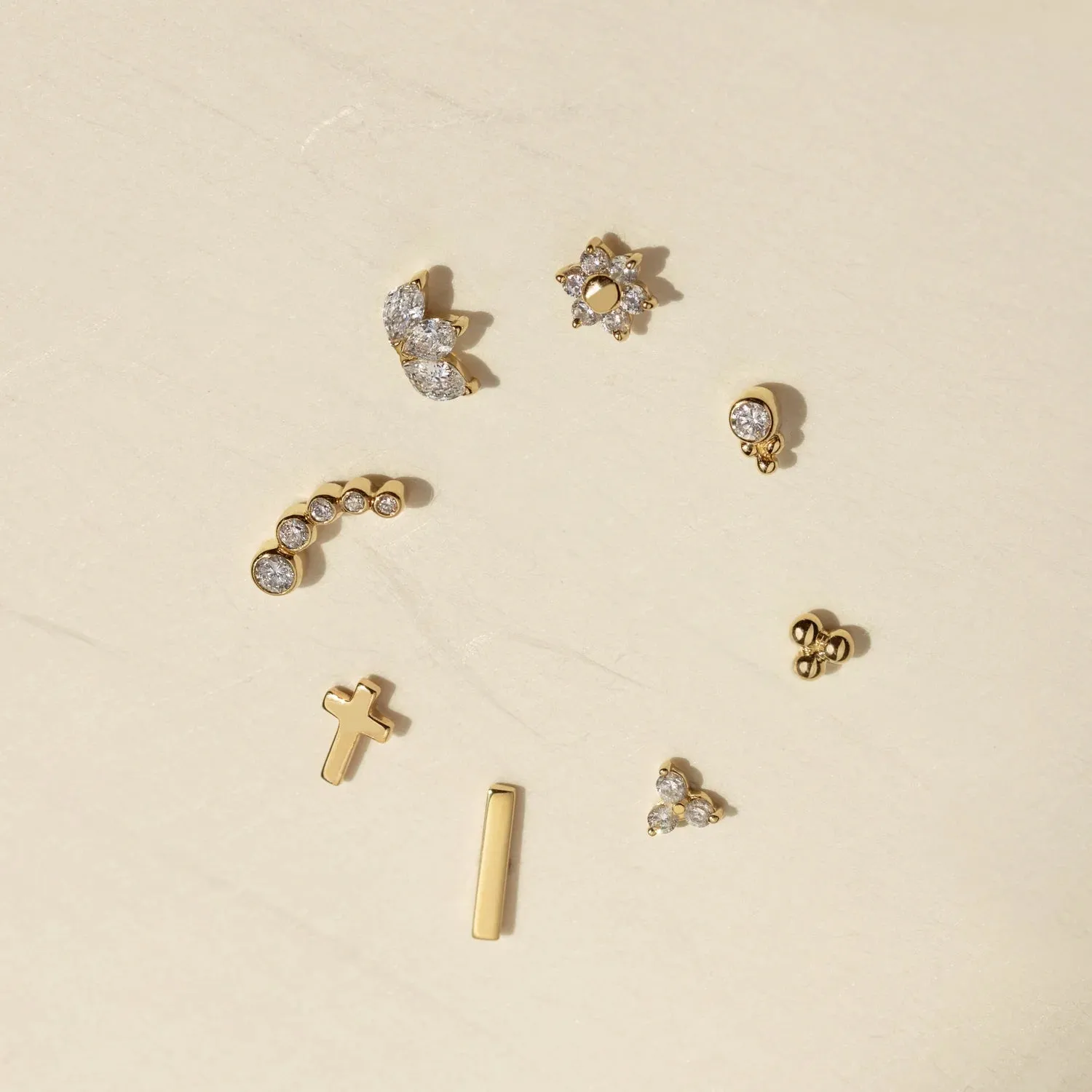 14K Solid Gold Marquise Trio Threaded Flatback Earring