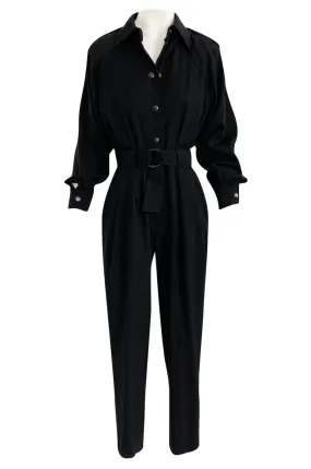 1980s Yves Saint Laurent Black Snap Front Flight Jumpsuit w Slip Belt