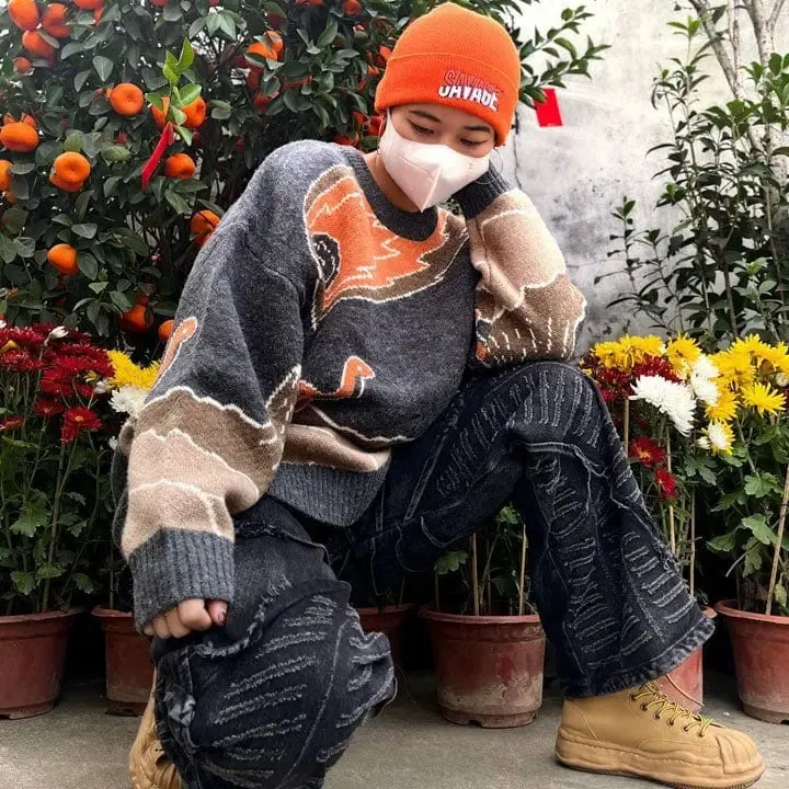 1984® Knitted Sweater Cartoon Dinosaur and Volcanoes