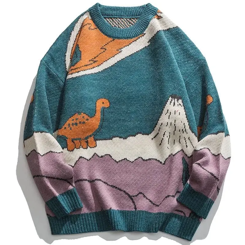 1984® Knitted Sweater Cartoon Dinosaur and Volcanoes