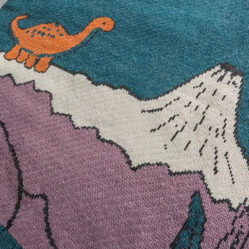 1984® Knitted Sweater Cartoon Dinosaur and Volcanoes