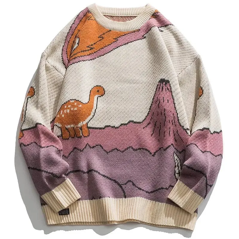 1984® Knitted Sweater Cartoon Dinosaur and Volcanoes