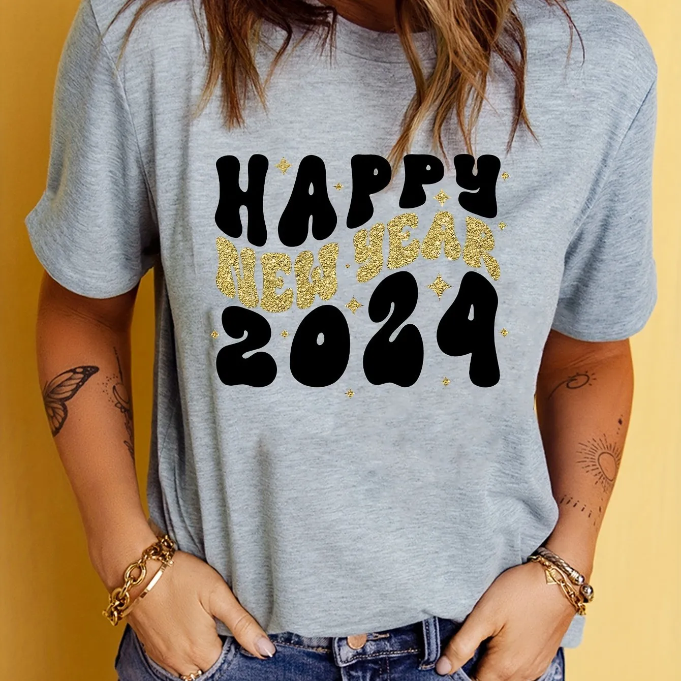 2024 Happy New Year Print T-Shirt: Embrace Joy and Style with this Casual Crew Neck Short Sleeve Daily Top for Women's Clothing