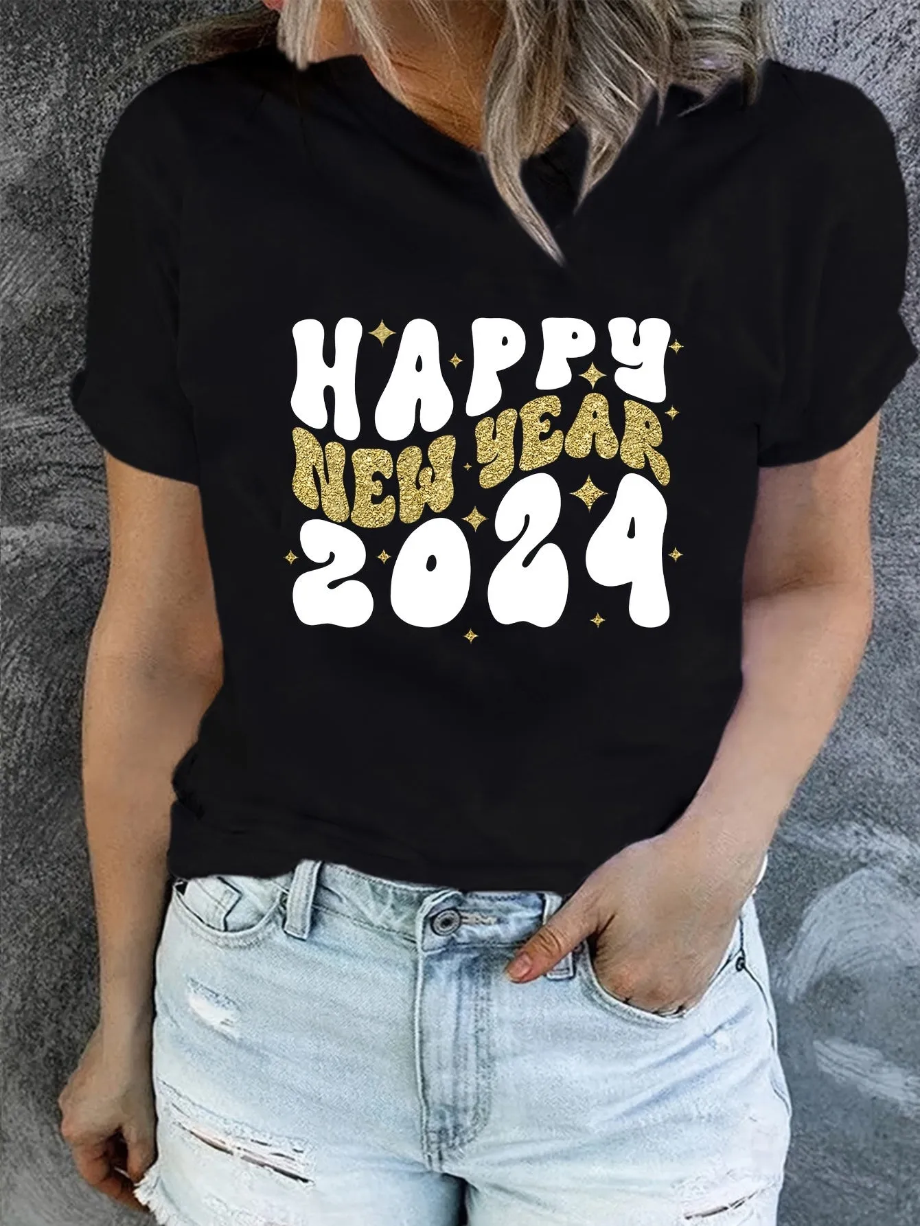 2024 Happy New Year Print T-Shirt: Embrace Joy and Style with this Casual Crew Neck Short Sleeve Daily Top for Women's Clothing