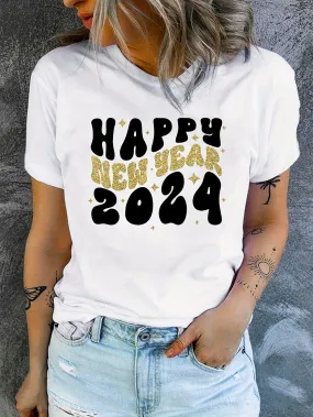 2024 Happy New Year Print T-Shirt: Embrace Joy and Style with this Casual Crew Neck Short Sleeve Daily Top for Women's Clothing