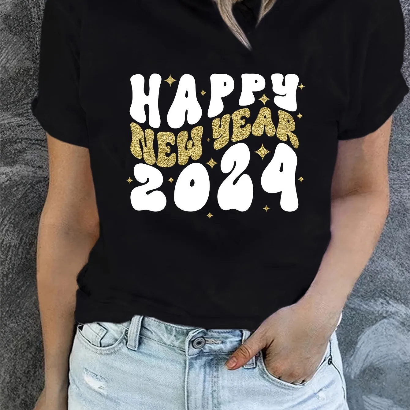 2024 Happy New Year Print T-Shirt: Embrace Joy and Style with this Casual Crew Neck Short Sleeve Daily Top for Women's Clothing