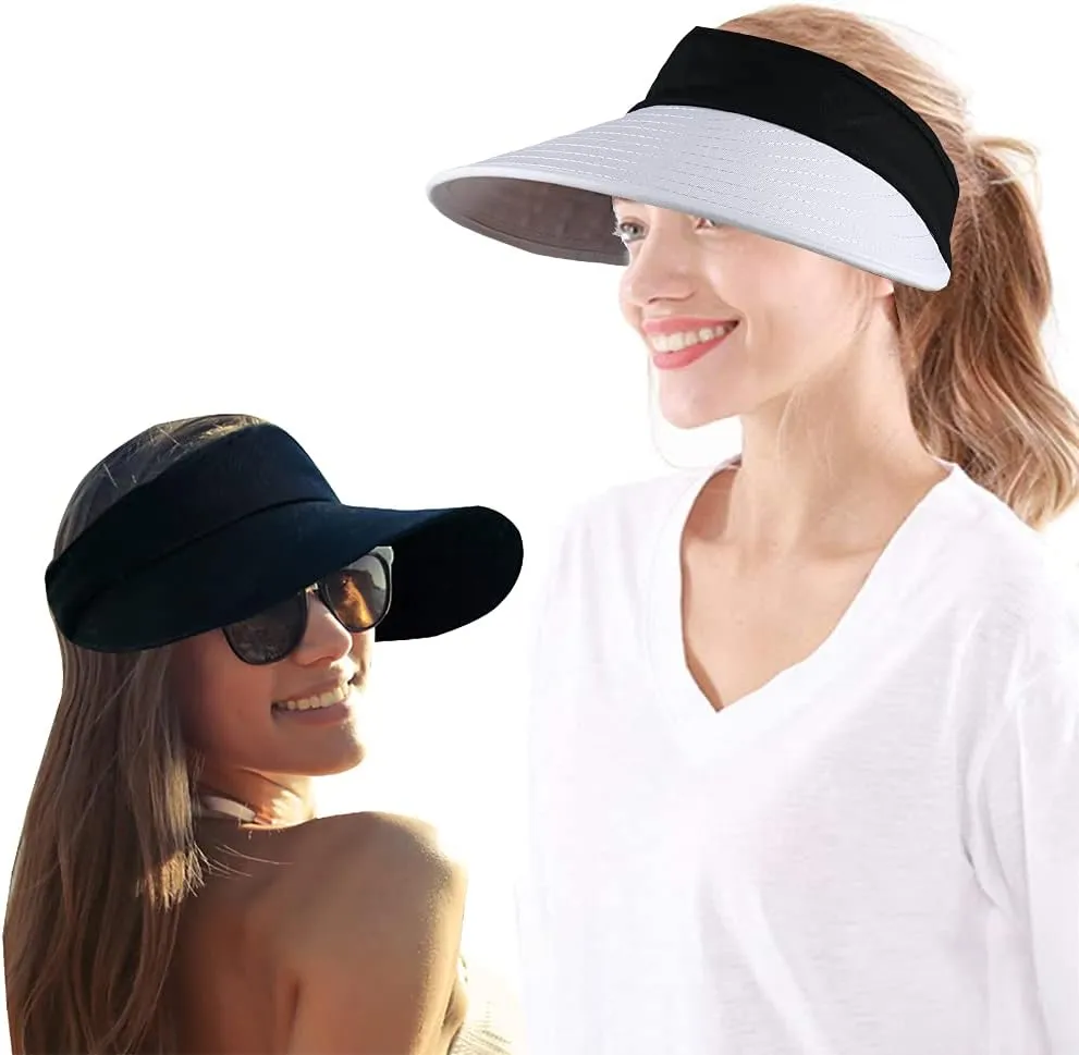 2PCS Wide Brim Sun Visor Hat Women Large UV Protective Golf Beach Cap, Korea Design