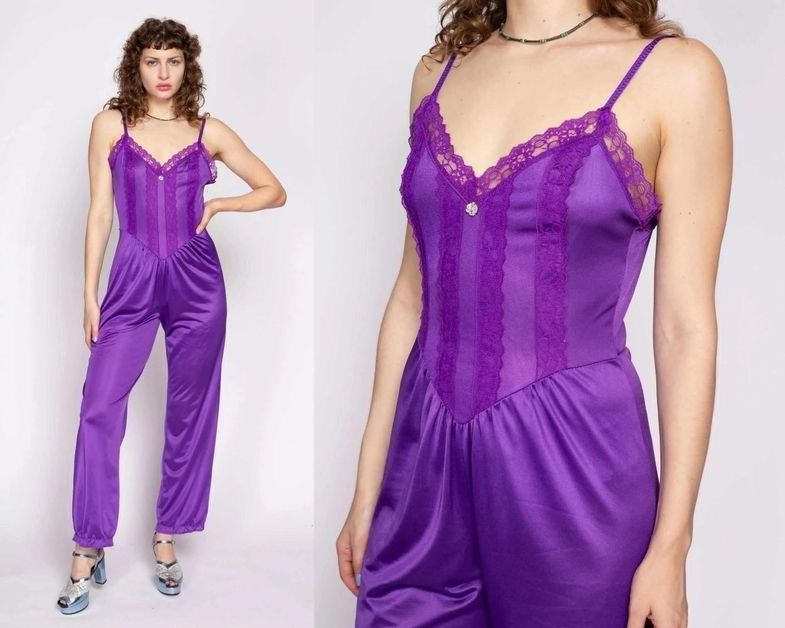 70s Purple Lace Lingerie Jumpsuit - Medium