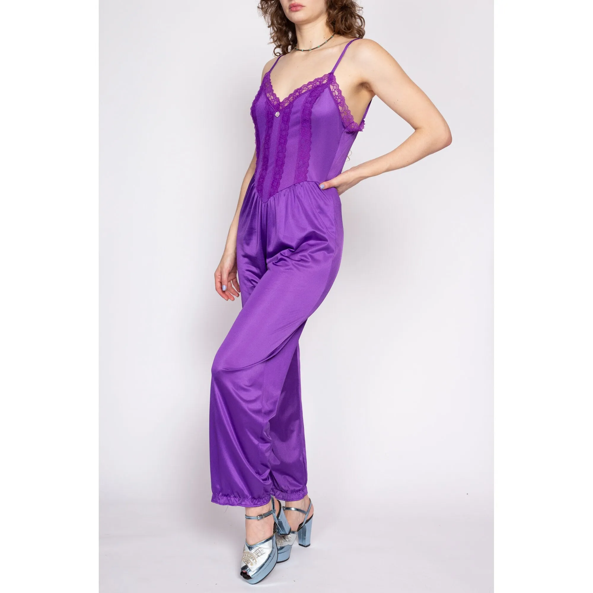 70s Purple Lace Lingerie Jumpsuit - Medium