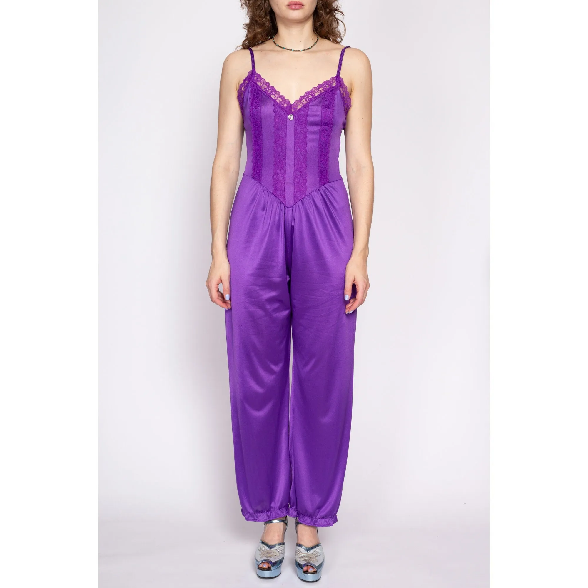 70s Purple Lace Lingerie Jumpsuit - Medium