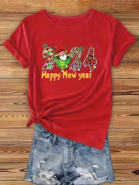 A Fun and Stylish 2024 New Year Print Crew Neck T-Shirt: Casual Short Sleeve Top for Spring/Summer - Women's Clothing