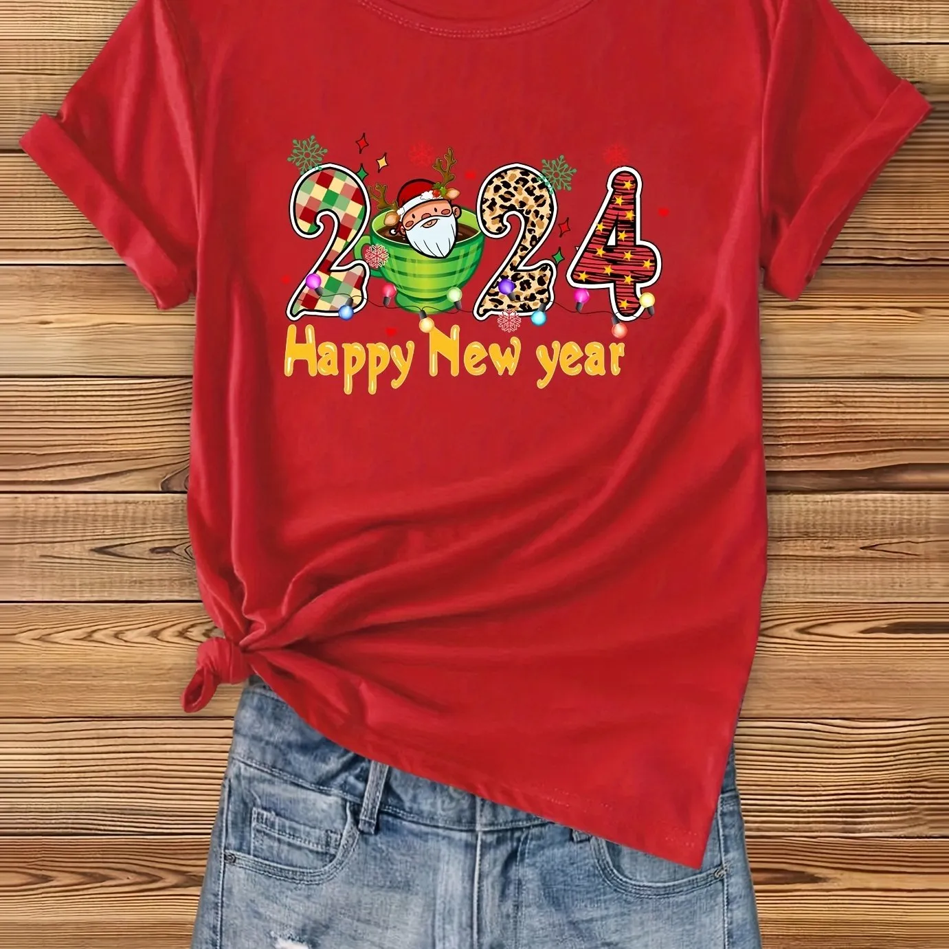 A Fun and Stylish 2024 New Year Print Crew Neck T-Shirt: Casual Short Sleeve Top for Spring/Summer - Women's Clothing