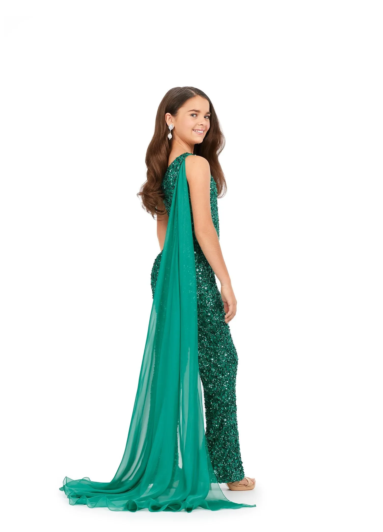 Ashley Lauren Kids 8191 Girls Beaded Jumpsuit cape Sequin One Shoulder Pageant Wear