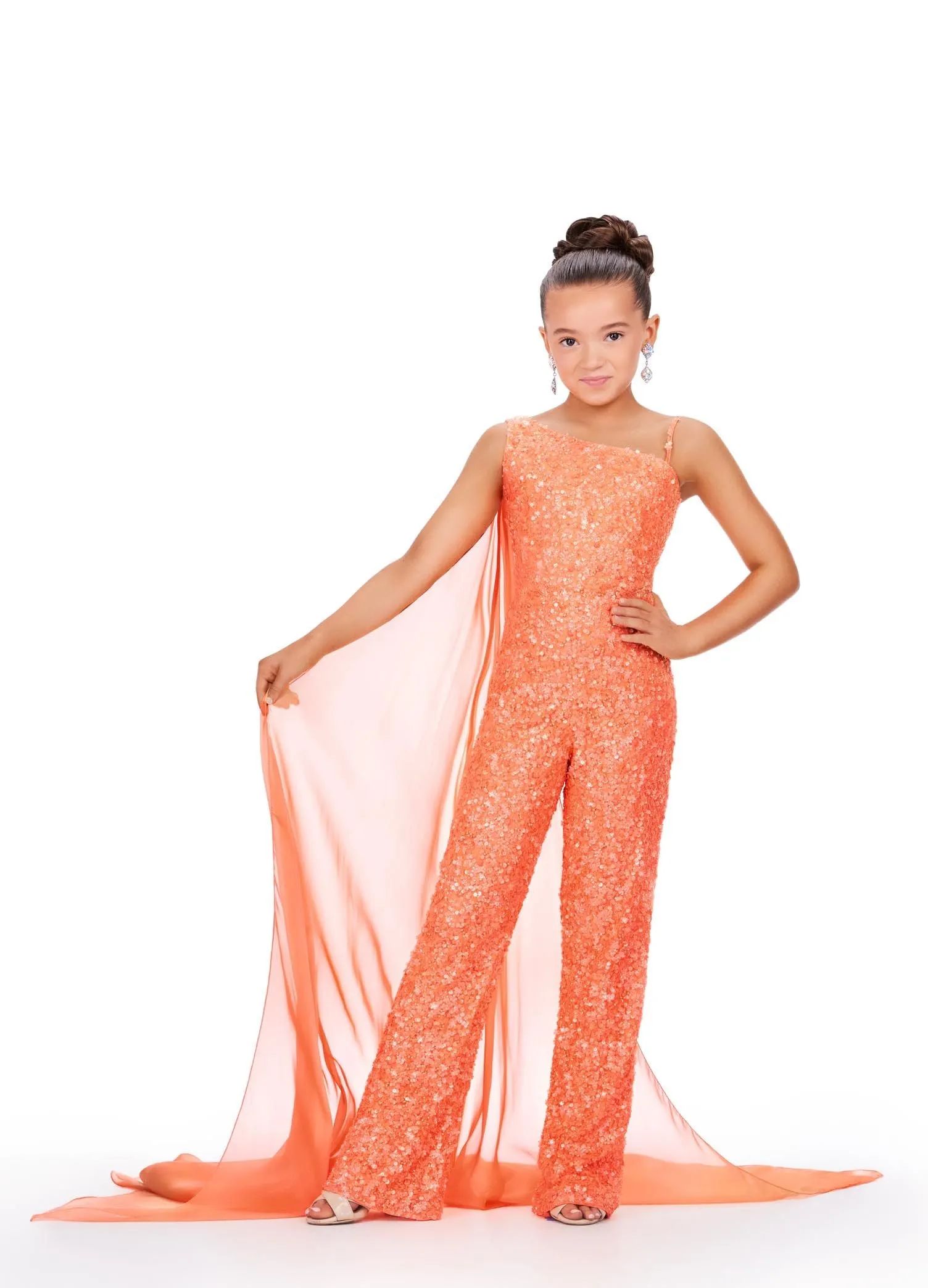 Ashley Lauren Kids 8191 Girls Beaded Jumpsuit cape Sequin One Shoulder Pageant Wear