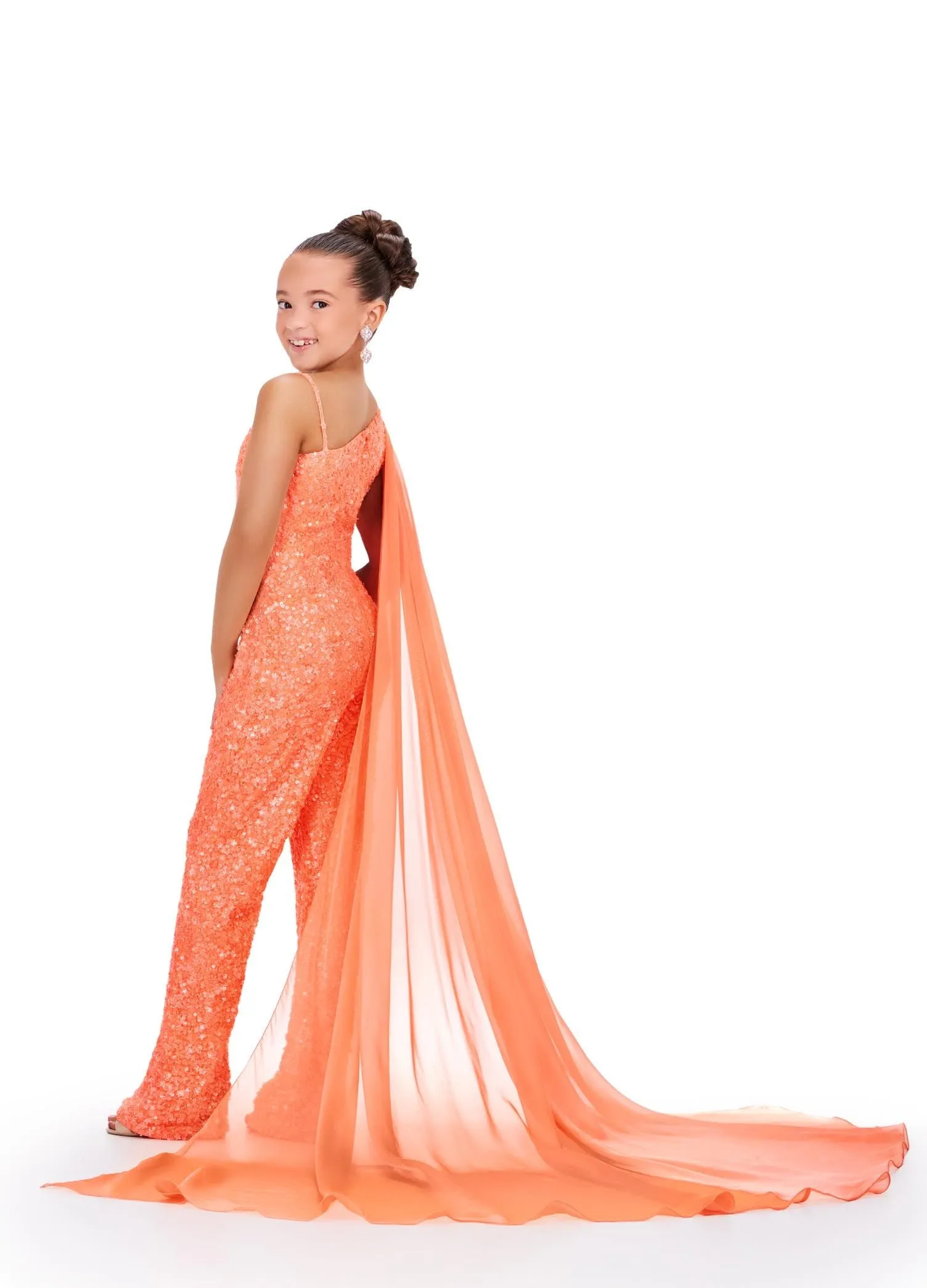 Ashley Lauren Kids 8191 Girls Beaded Jumpsuit cape Sequin One Shoulder Pageant Wear