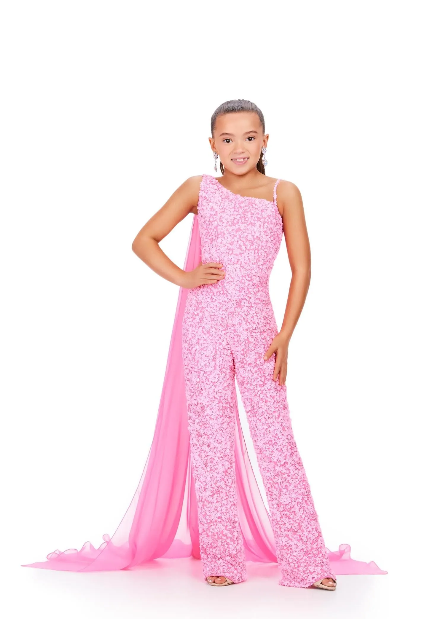 Ashley Lauren Kids 8191 Girls Beaded Jumpsuit cape Sequin One Shoulder Pageant Wear
