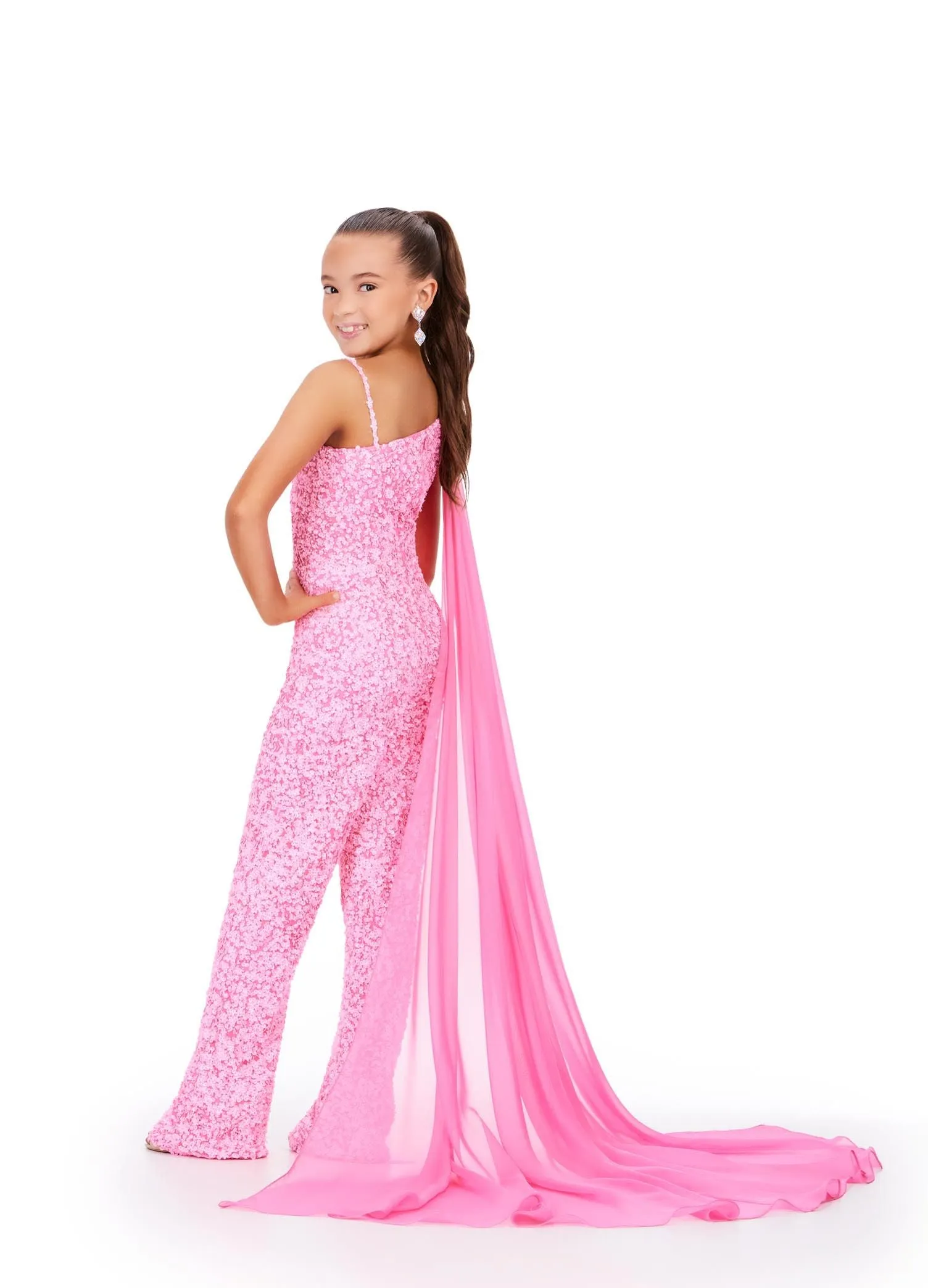 Ashley Lauren Kids 8191 Girls Beaded Jumpsuit cape Sequin One Shoulder Pageant Wear