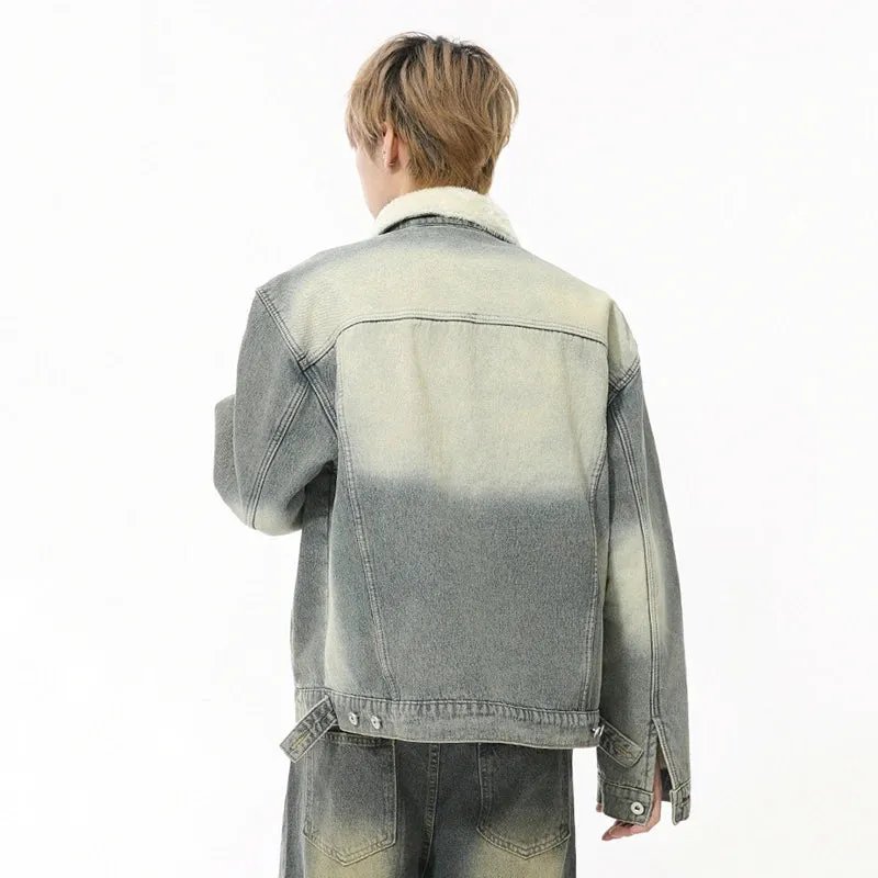 Autumn Men's Denim Jackets Worn-out Turn-down Collar Fleece Thinckened Single Breasted Washed Loose Male Coats 9C8729