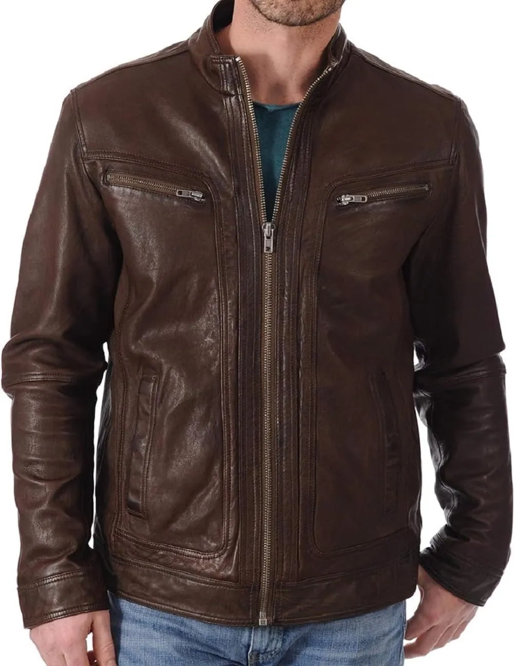 Cafe Racer Leather Jacket for Men Round Collar Slim Fit Leather Jacket Moto Biker Leather Jacket Winter Casual Wear