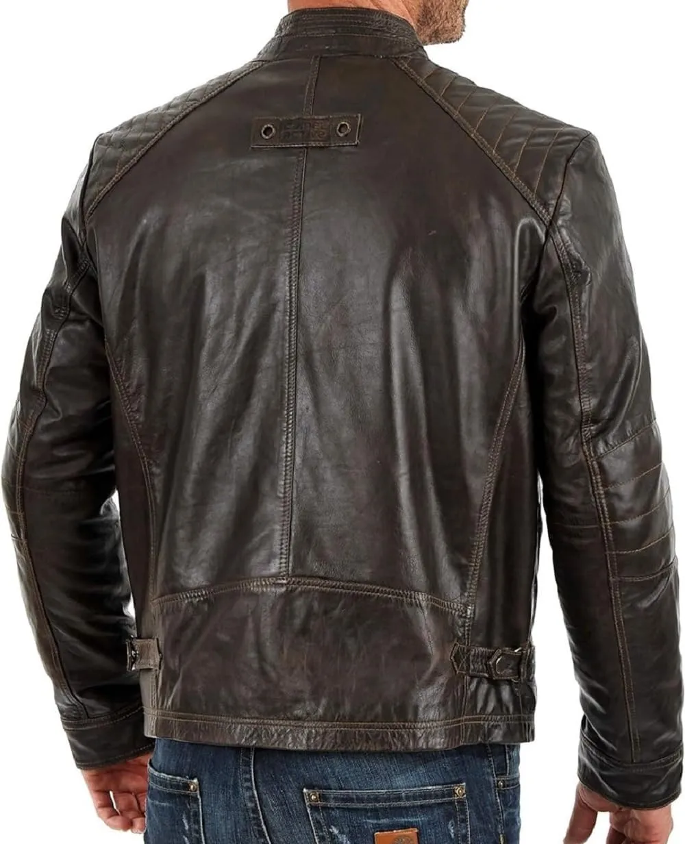 Cafe Racer Leather Jacket for Men Round Collar Slim Fit Leather Jacket Moto Biker Leather Jacket Winter Casual Wear