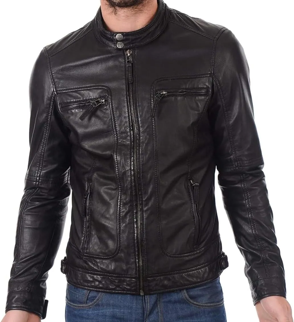 Cafe Racer Leather Jacket for Men Round Collar Slim Fit Leather Jacket Moto Biker Leather Jacket Winter Casual Wear
