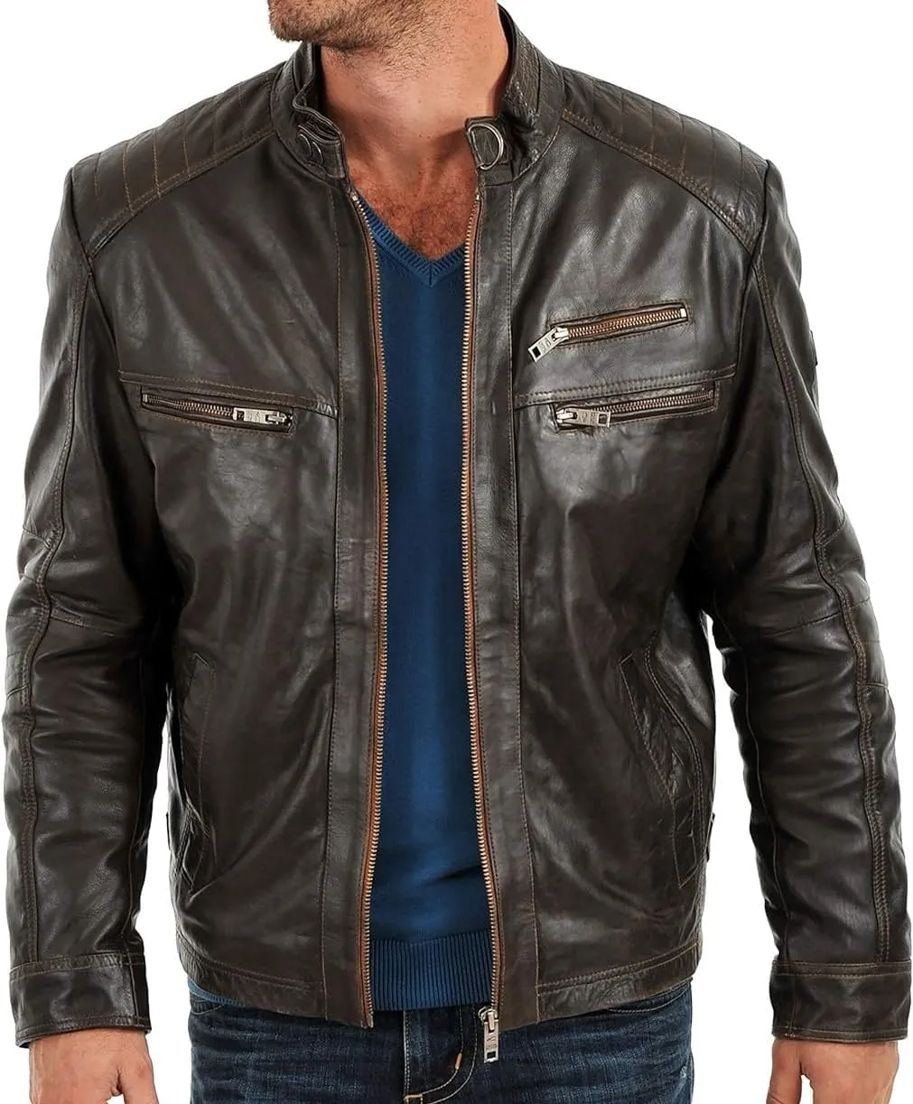 Cafe Racer Leather Jacket for Men Round Collar Slim Fit Leather Jacket Moto Biker Leather Jacket Winter Casual Wear