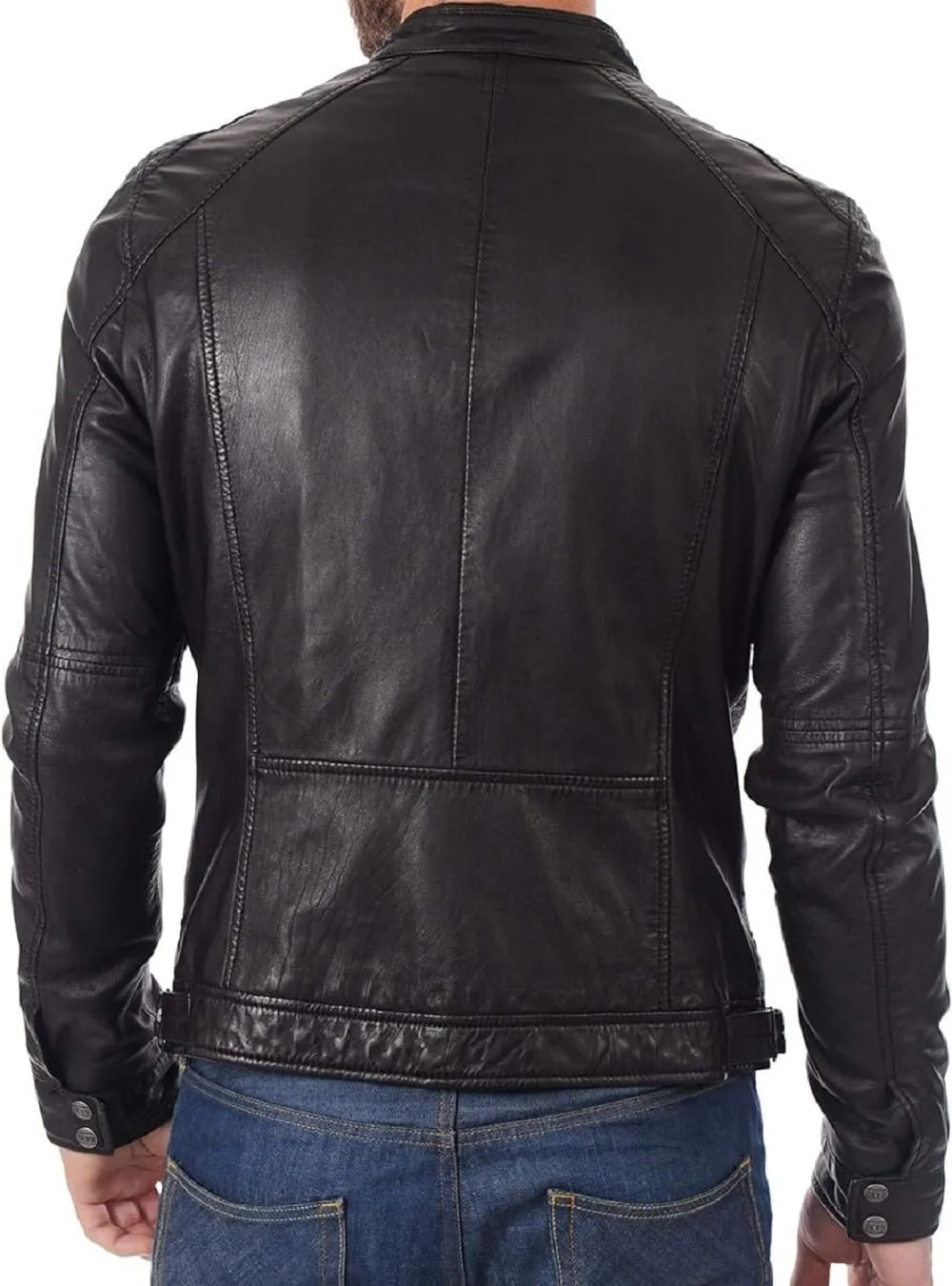 Cafe Racer Leather Jacket for Men Round Collar Slim Fit Leather Jacket Moto Biker Leather Jacket Winter Casual Wear