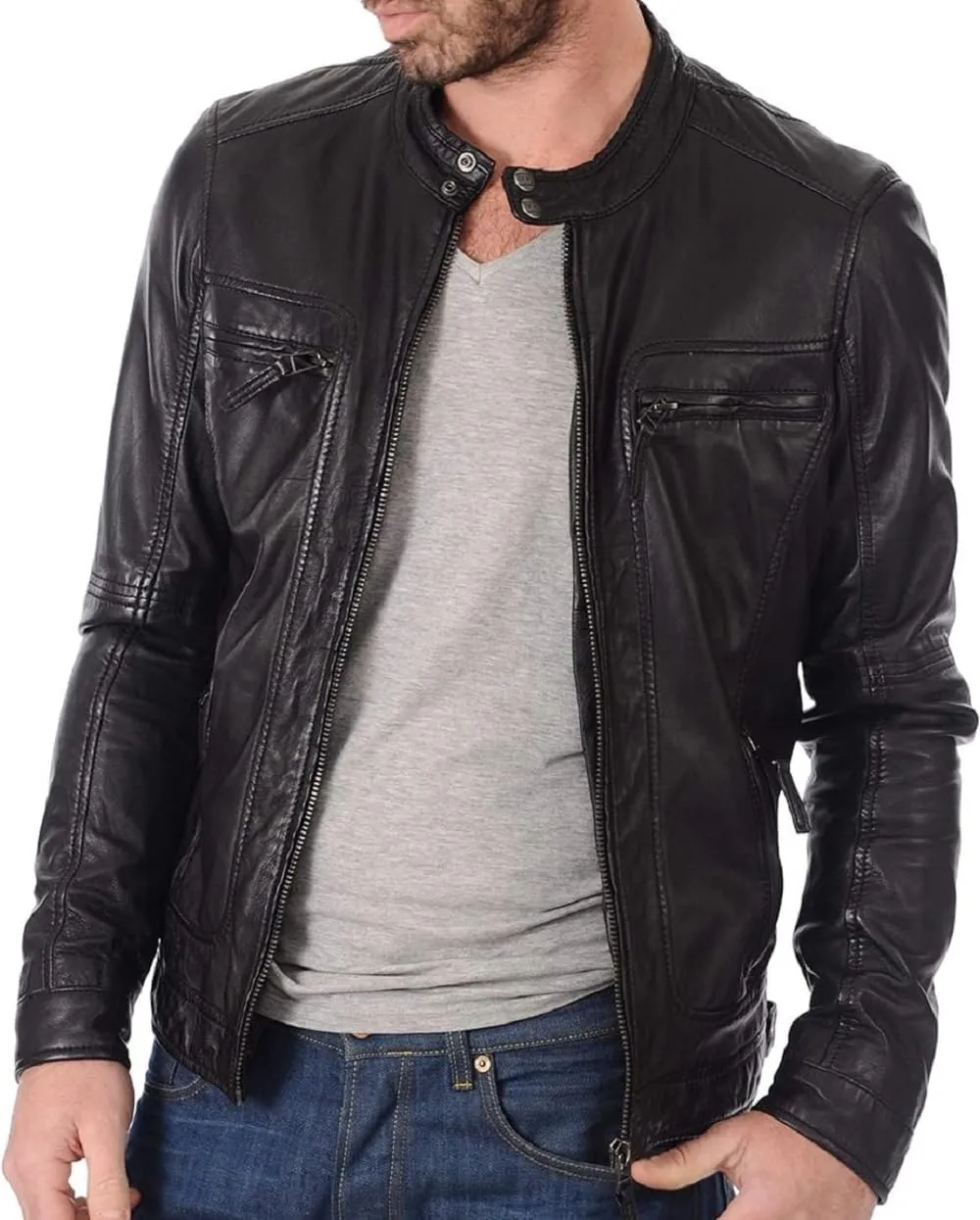 Cafe Racer Leather Jacket for Men Round Collar Slim Fit Leather Jacket Moto Biker Leather Jacket Winter Casual Wear