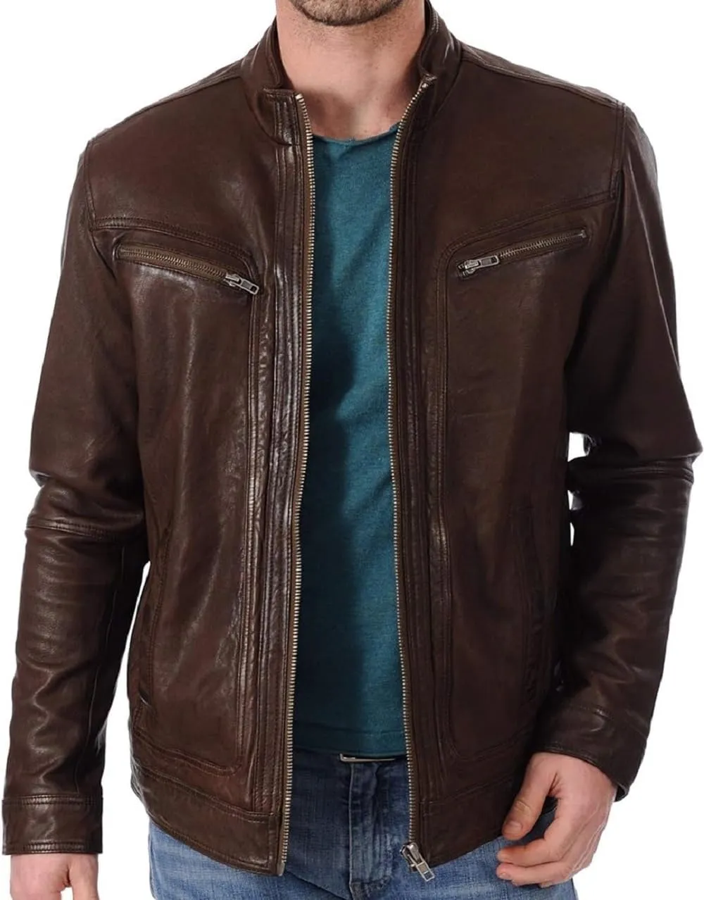 Cafe Racer Leather Jacket for Men Round Collar Slim Fit Leather Jacket Moto Biker Leather Jacket Winter Casual Wear