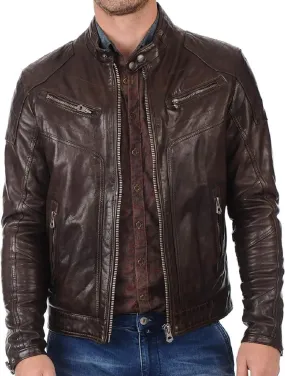 Cafe Racer Leather Jacket for Men Round Collar Slim Fit Leather Jacket Moto Biker Leather Jacket Winter Casual Wear