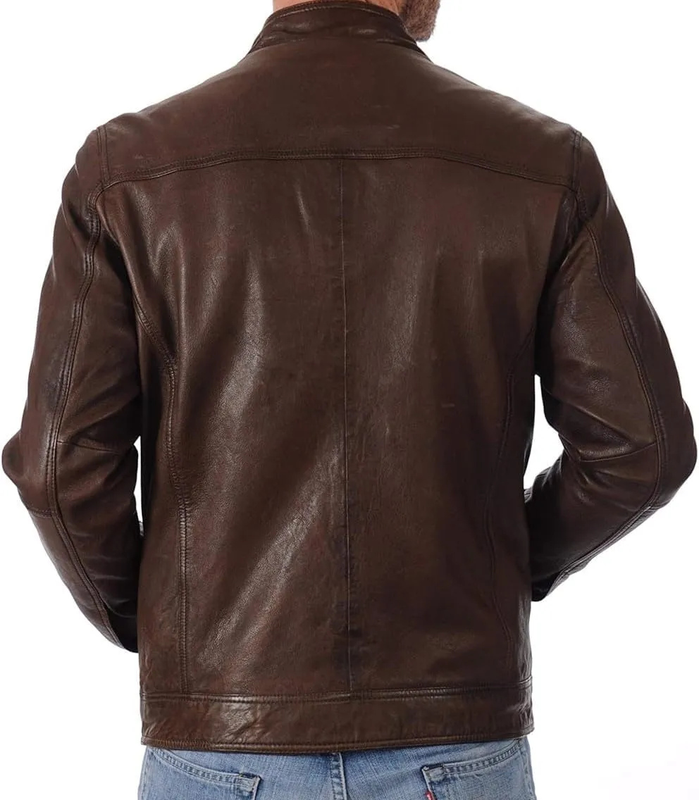 Cafe Racer Leather Jacket for Men Round Collar Slim Fit Leather Jacket Moto Biker Leather Jacket Winter Casual Wear