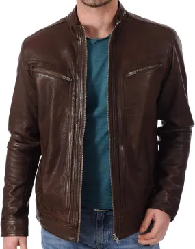 Cafe Racer Leather Jacket for Men Round Collar Slim Fit Leather Jacket Moto Biker Leather Jacket Winter Casual Wear
