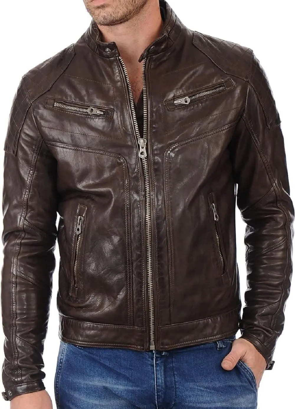 Cafe Racer Leather Jacket for Men Round Collar Slim Fit Leather Jacket Moto Biker Leather Jacket Winter Casual Wear