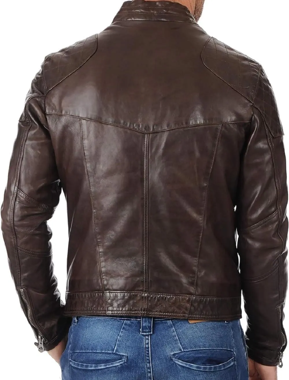 Cafe Racer Leather Jacket for Men Round Collar Slim Fit Leather Jacket Moto Biker Leather Jacket Winter Casual Wear