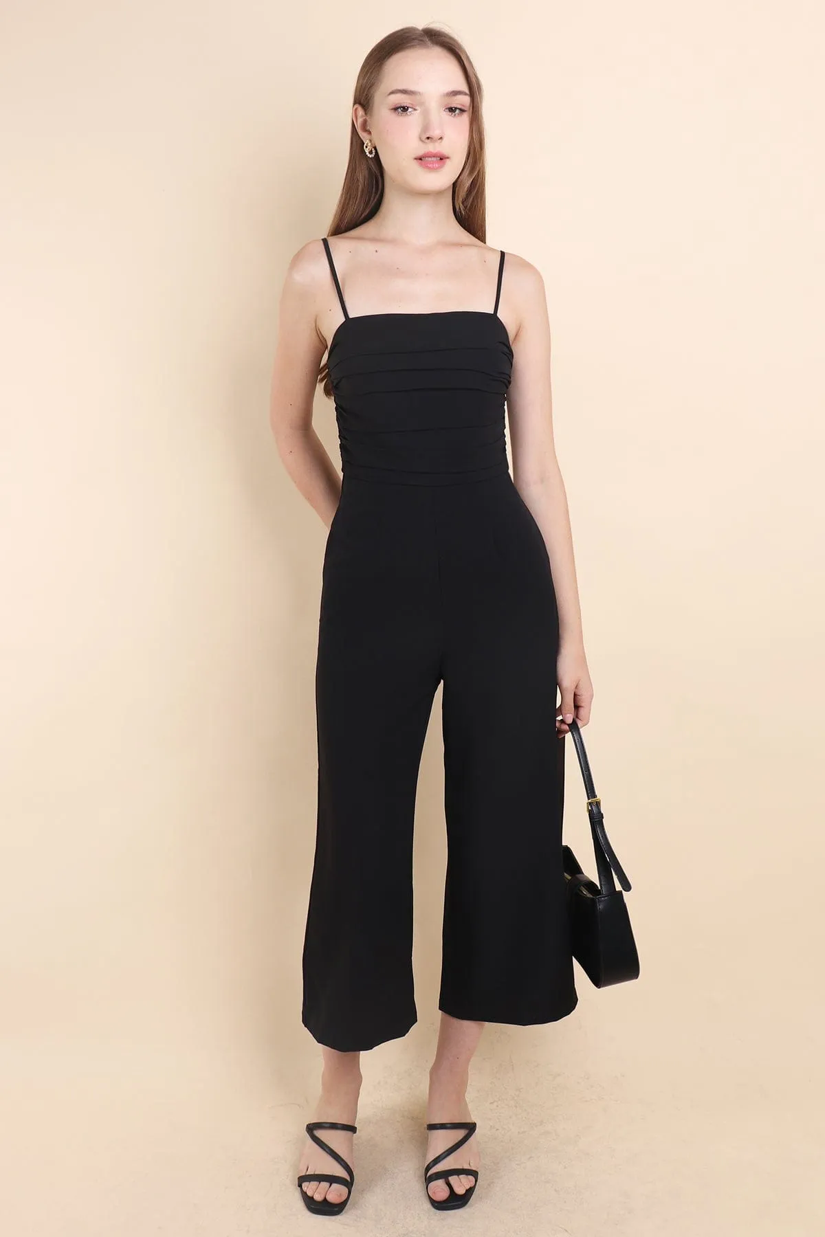 CAMRYN RUCHED JUMPSUIT ROMPER IN BLACK