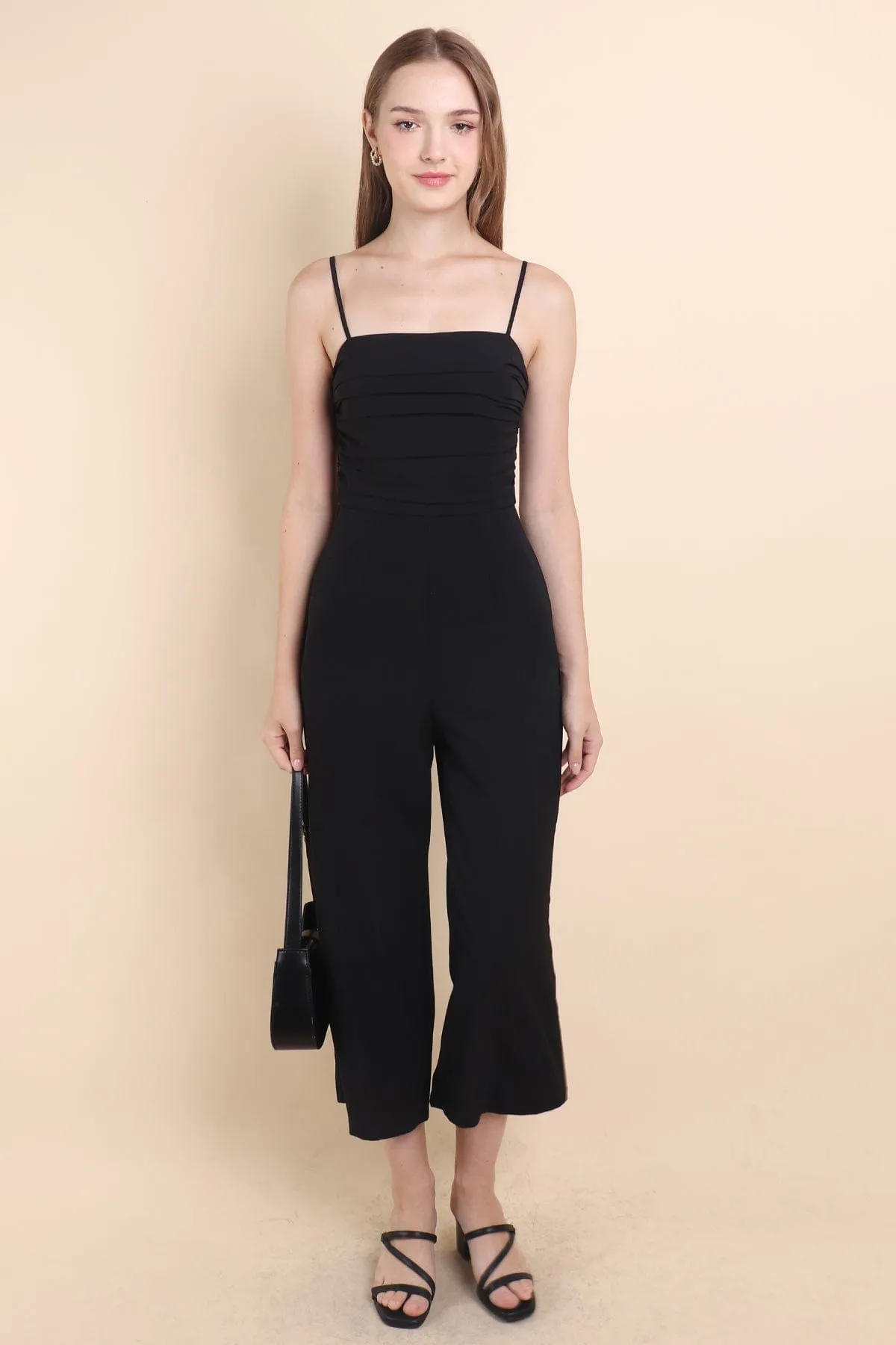 CAMRYN RUCHED JUMPSUIT ROMPER IN BLACK