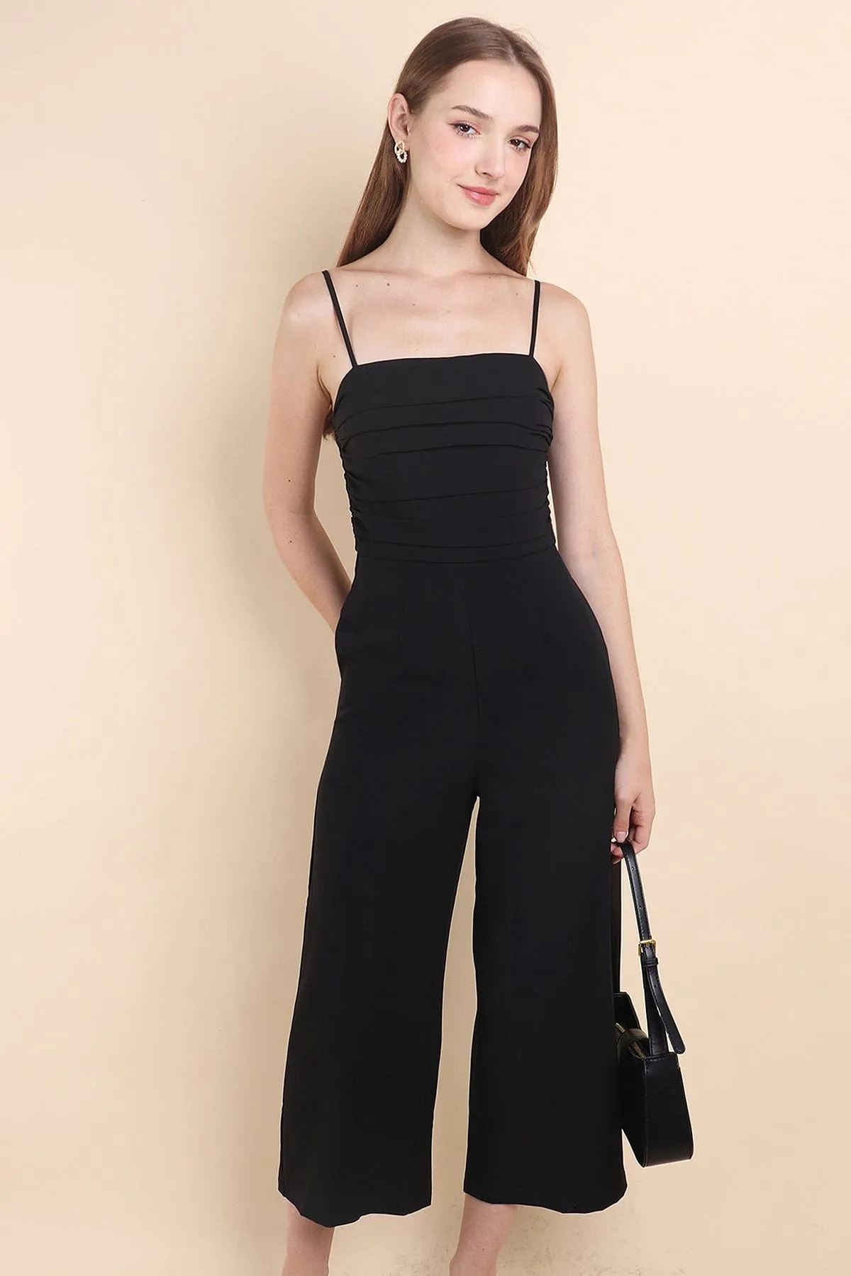CAMRYN RUCHED JUMPSUIT ROMPER IN BLACK