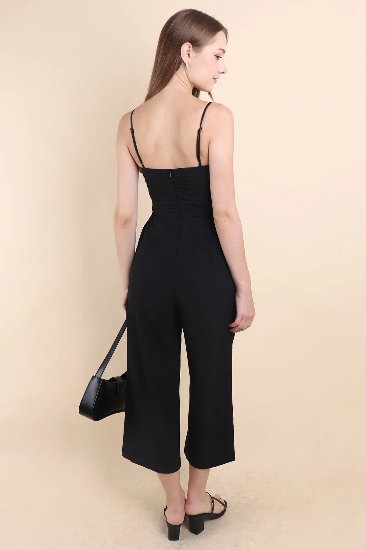 CAMRYN RUCHED JUMPSUIT ROMPER IN BLACK
