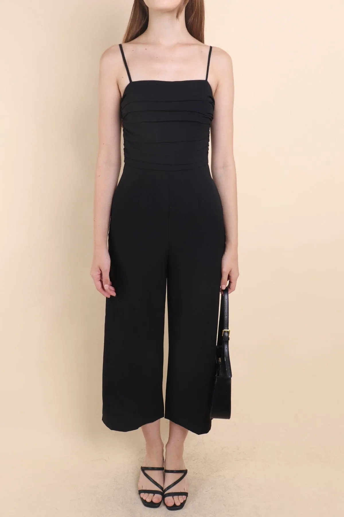 CAMRYN RUCHED JUMPSUIT ROMPER IN BLACK