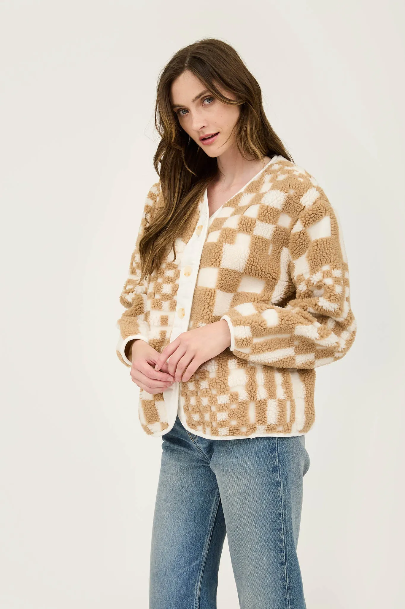 CHECKERED V NECK BUTTON DOWN FLEECE JACKET