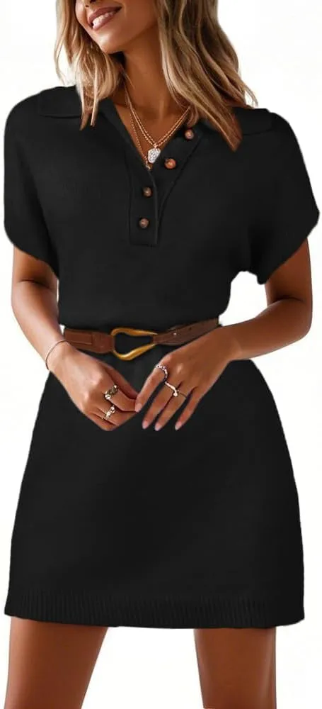 Chulianyouhuo Women's Short Sleeve Summer Knit Dress 2025 Oversized Casual Button Down Mini Loose Pullover Sweater Dress