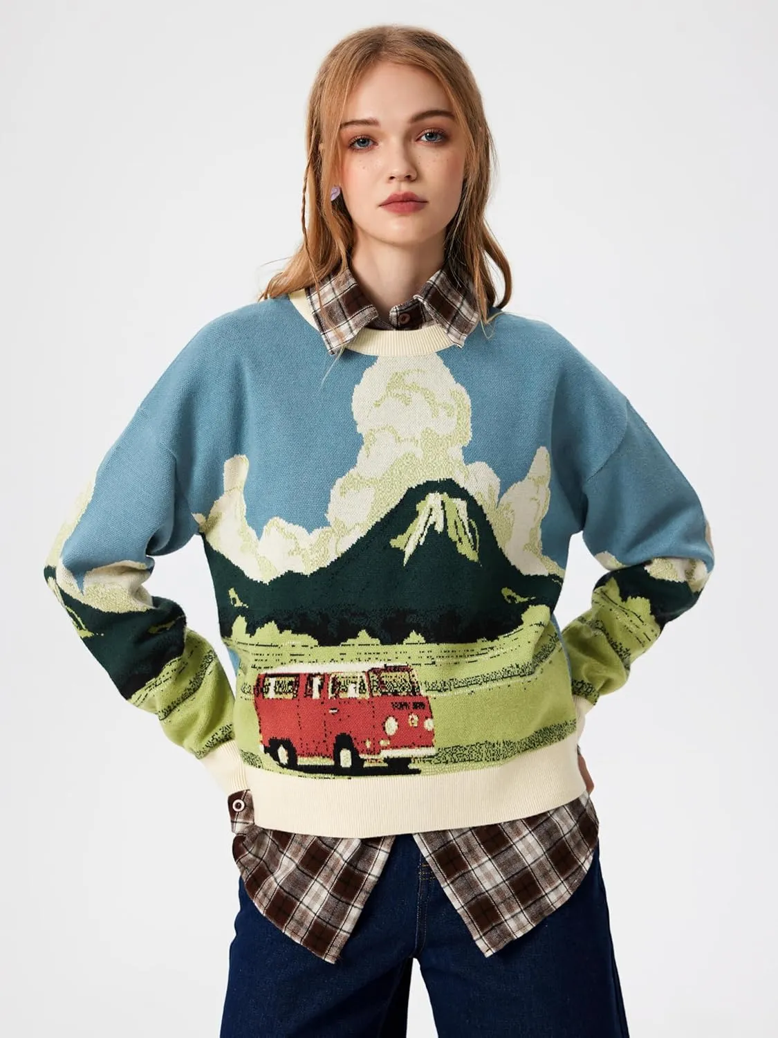 CIDER Women’s Graphic Sweaters Crew Neck Long Sleeve Cute Patterned Pullover Preppy Sweater Tops