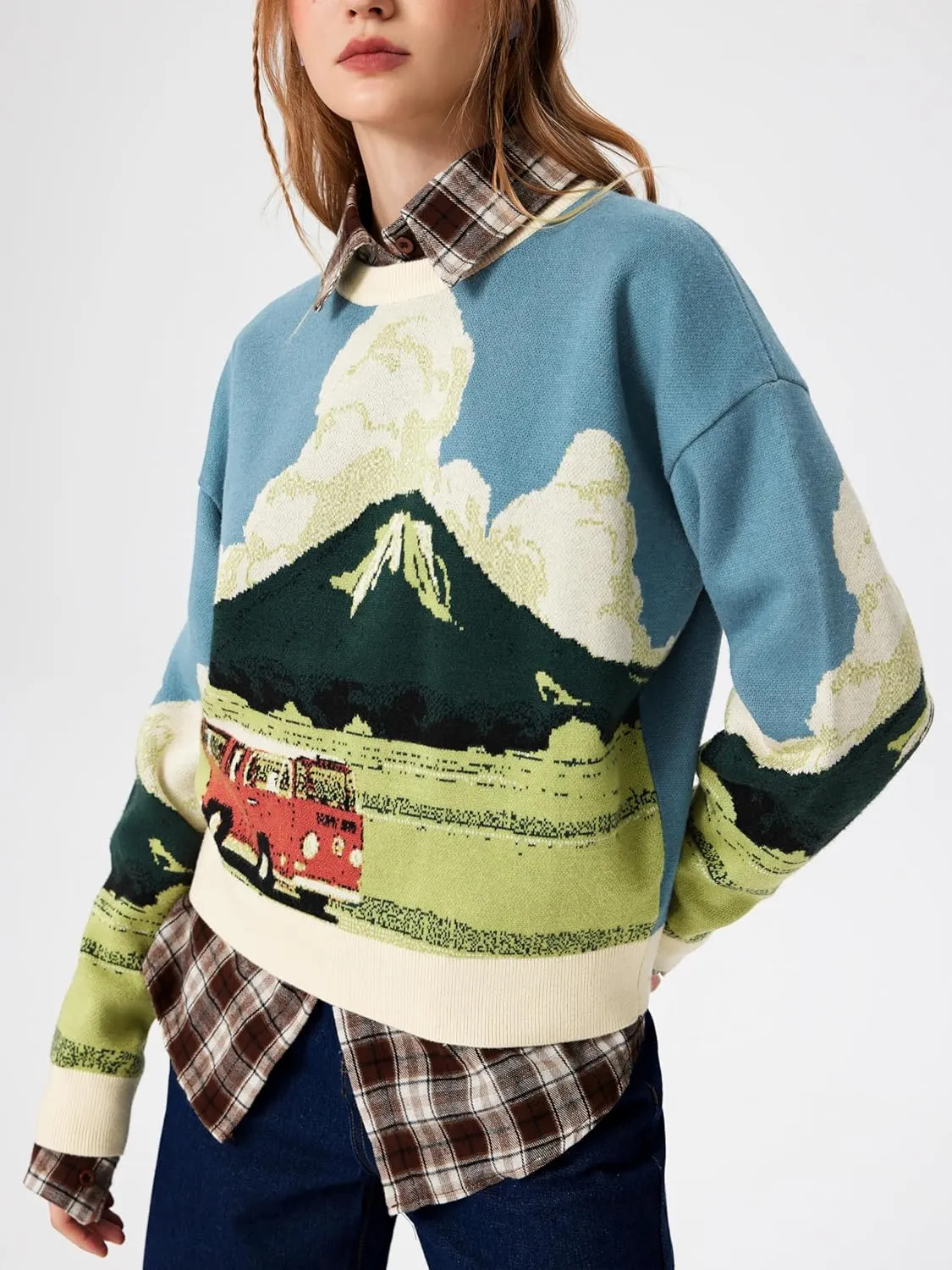 CIDER Women’s Graphic Sweaters Crew Neck Long Sleeve Cute Patterned Pullover Preppy Sweater Tops