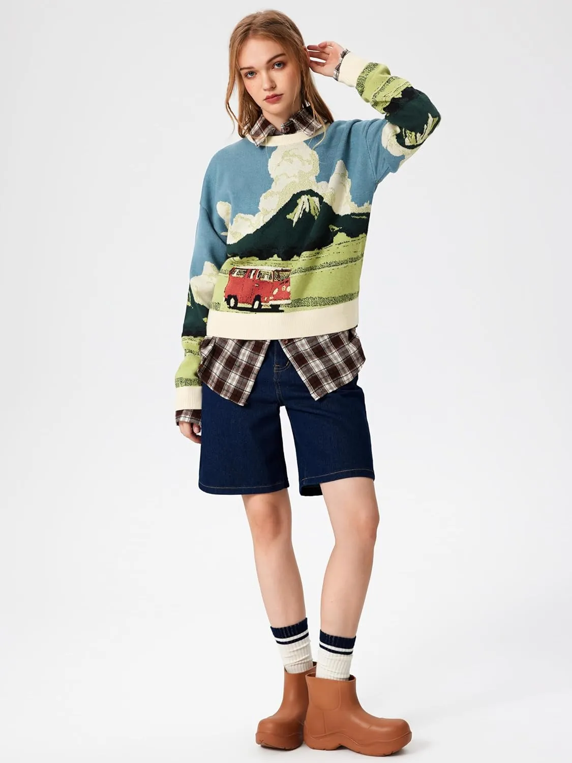 CIDER Women’s Graphic Sweaters Crew Neck Long Sleeve Cute Patterned Pullover Preppy Sweater Tops