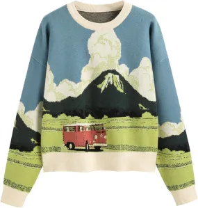 CIDER Women’s Graphic Sweaters Crew Neck Long Sleeve Cute Patterned Pullover Preppy Sweater Tops