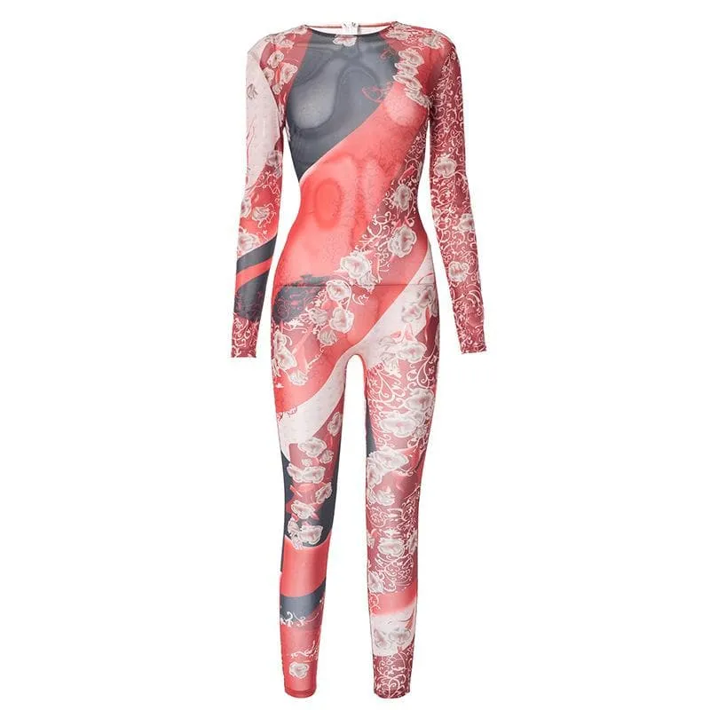 Contrast print zip-up long sleeve sheer mesh see through jumpsuit