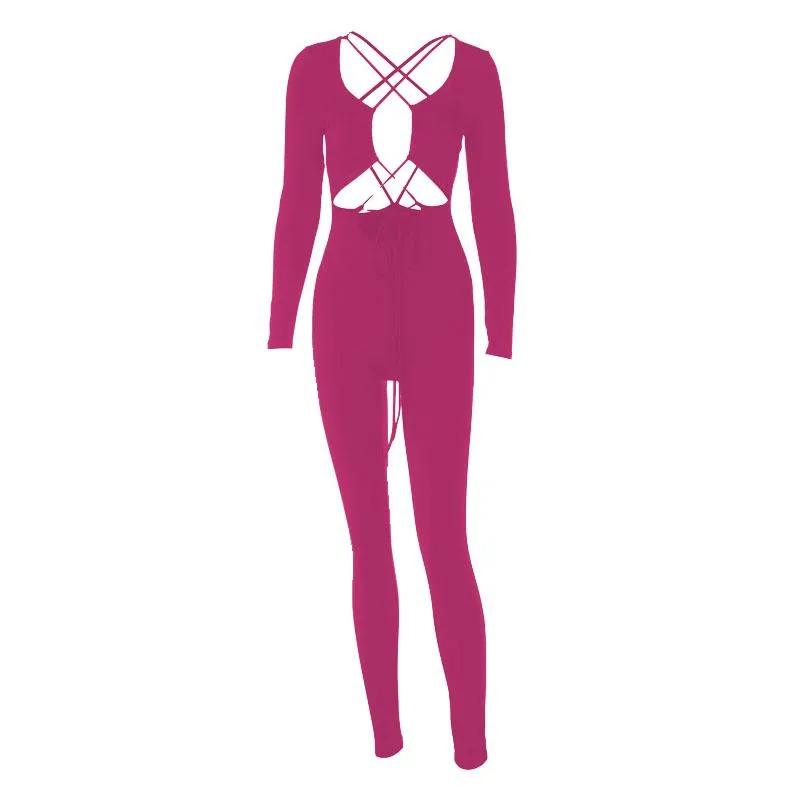 Cross front long sleeve hollow out lace up solid jumpsuit - Final Sale