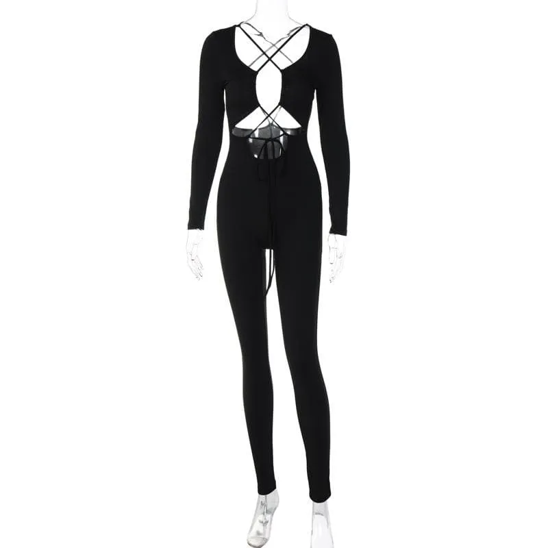 Cross front long sleeve hollow out lace up solid jumpsuit - Final Sale