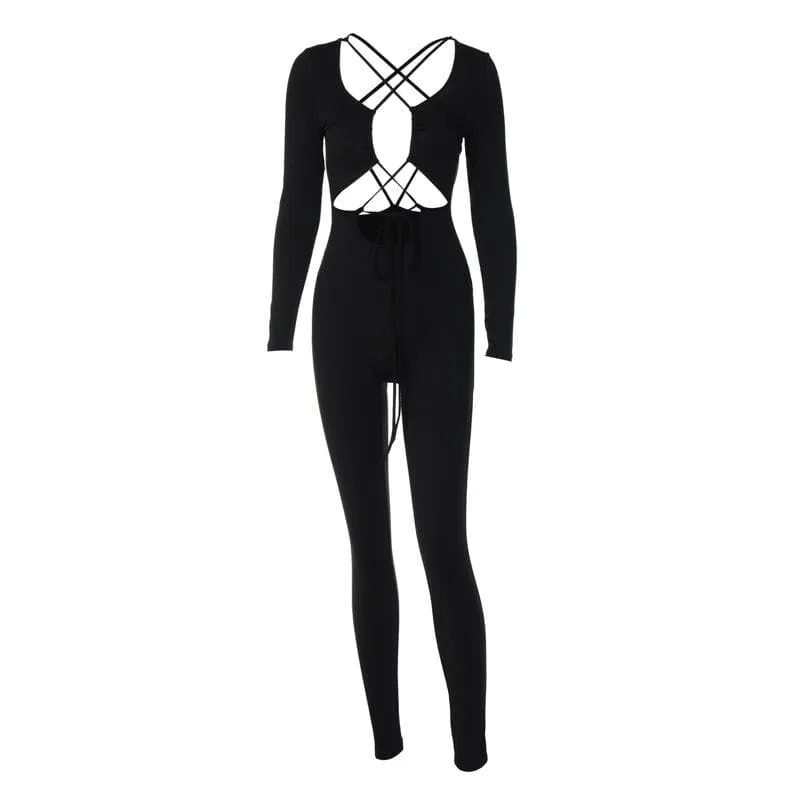 Cross front long sleeve hollow out lace up solid jumpsuit - Final Sale